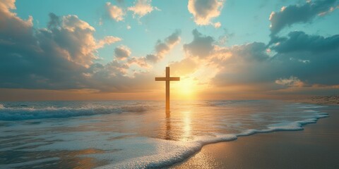 Cross standing in shallow water during sunset with vibrant clouds and gentle waves in a serene coastal landscape