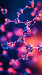 Colorful molecular structures float against a blurred background, intertwined with vibrant hues.