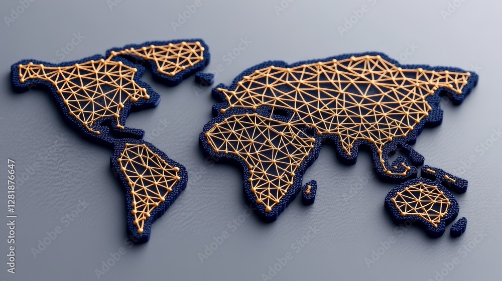 Poster geometric world map design with colorful thread on dark background