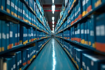 Rows of organized blue files lining the shelves in a large archive storage facility