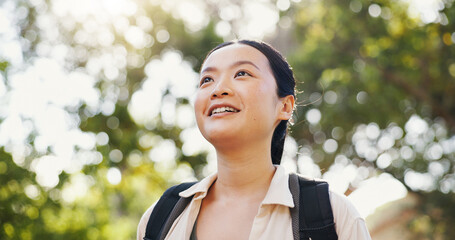 Thinking, hiking and Asian woman with nature, fitness and contemplating with weekend break....
