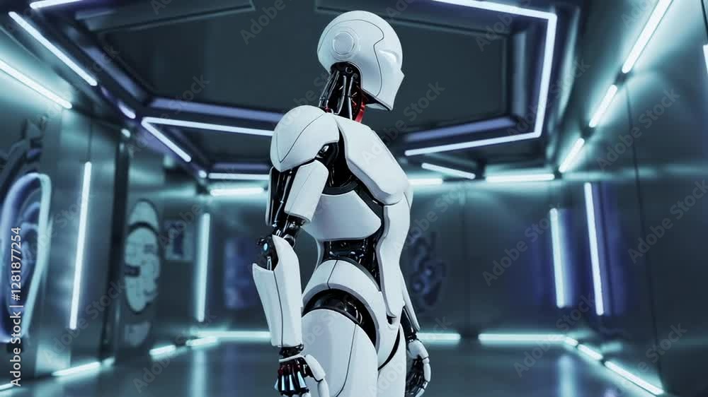 Poster sleek white humanoid robot navigating futuristic blue tinted neon corridor, turning with precise mec
