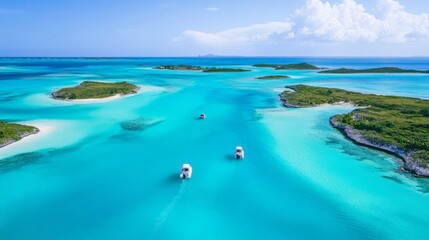 Obraz premium A serene aerial view of a turquoise lagoon with small boats floating, surrounded by tropical islands under a bright blue sky