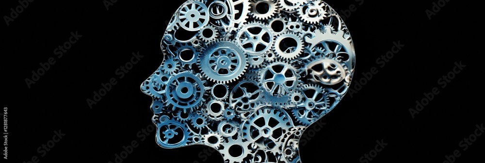 Poster contour of a human head filled with gears and cogs symbolizing the concepts of artificial intelligen