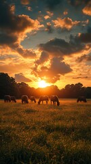 Sunset Horses Grazing Meadow