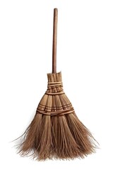 Old-fashioned vintage broomstick with wooden handle on white isolated background