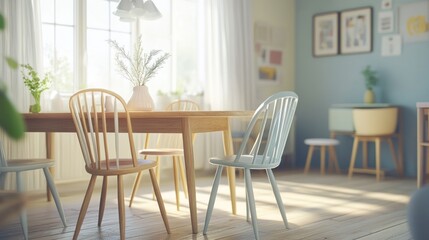 Sunny dining room with wooden table, light blue chairs, and natural light.