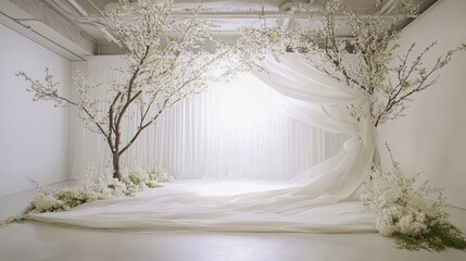 Ethereal Backdrop, White Blossoms and Flowing Fabric for Photography