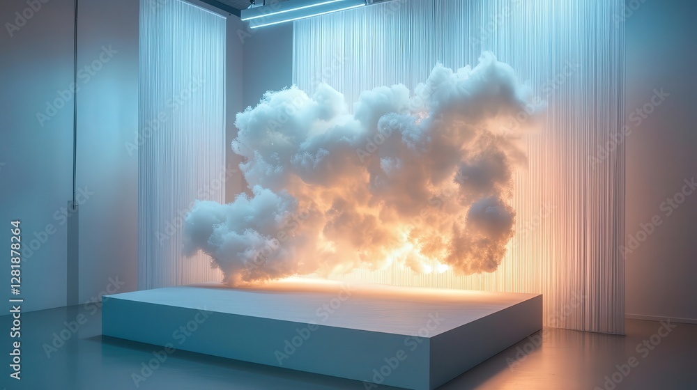 Poster ethereal cloudscape on platform with suspended linear backdrop