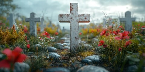 Mysterious graveyard with weathered crosses surrounded by vibrant flowers under a cloudy sky