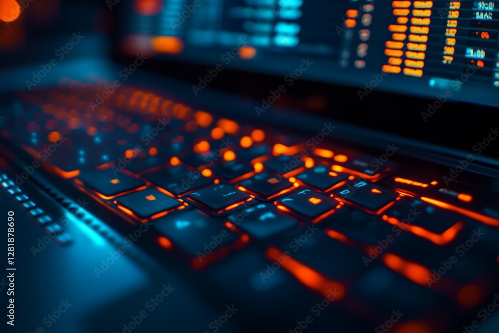 Poster vibrant backlit keyboard with glowing keys in dark setting enhances computing experience