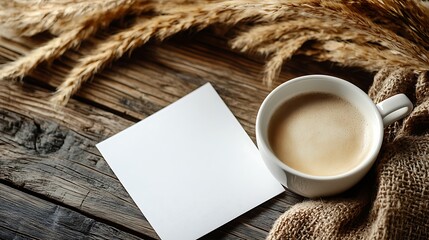 Autumn coffee, blank card, wood