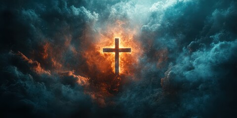 Fototapeta premium Glowing cross illuminated by flames among dark storm clouds at twilight