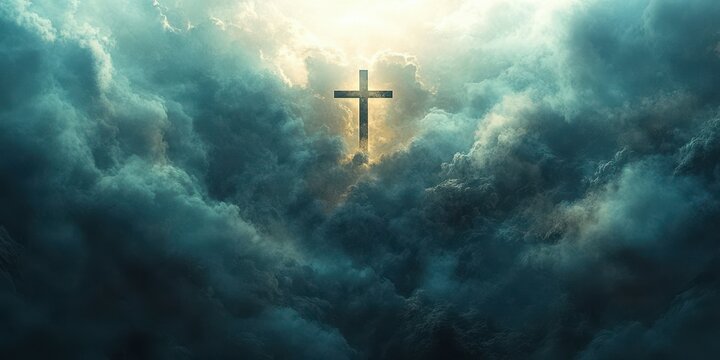 Spiritual light shines through clouds illuminating a cross amidst darkness and hope