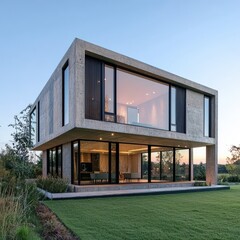 Fototapeta premium Contemporary concrete and glass cube house with panoramic windows. Sunset suburban lawn setting. Modern lifestyle and investment confidence. Ideal for real estate, architecture