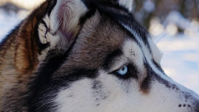 Close-up of a husky dog's intense blue eyes and thick fur in a snowy landscape, highlighting its wolf-like features. Winter wildlife and nature concept