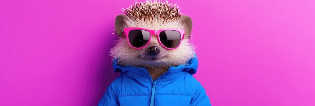 Stylish Hedgehog in a Blue Puffer Jacket with Pink Sunglasses