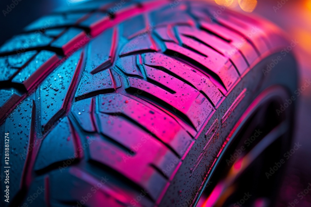 Poster close-up view of a wet tire showcasing intricate tread patterns illuminated by colorful lights