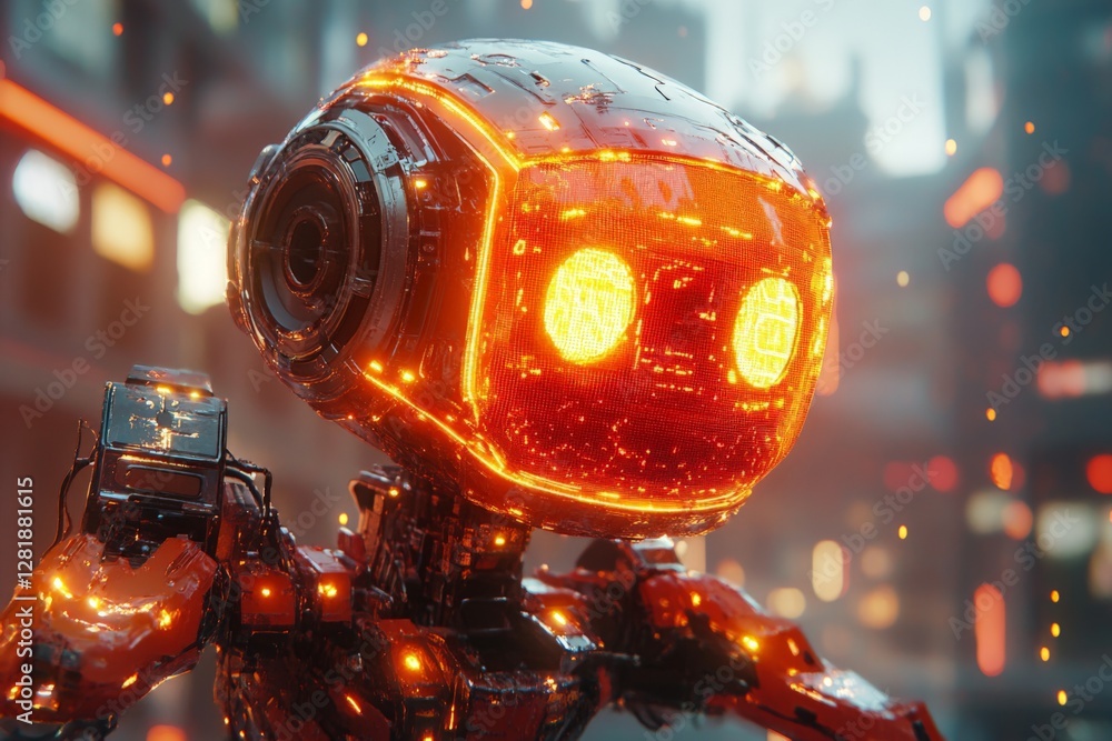 Poster robot with glowing features engages in activity in a futuristic urban setting during the evening twi