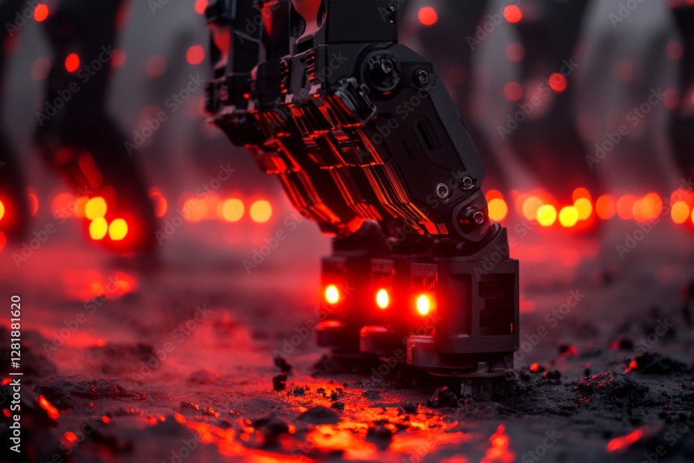 Poster robot feet navigating a dimly lit terrain with glowing red lights in a futuristic environment
