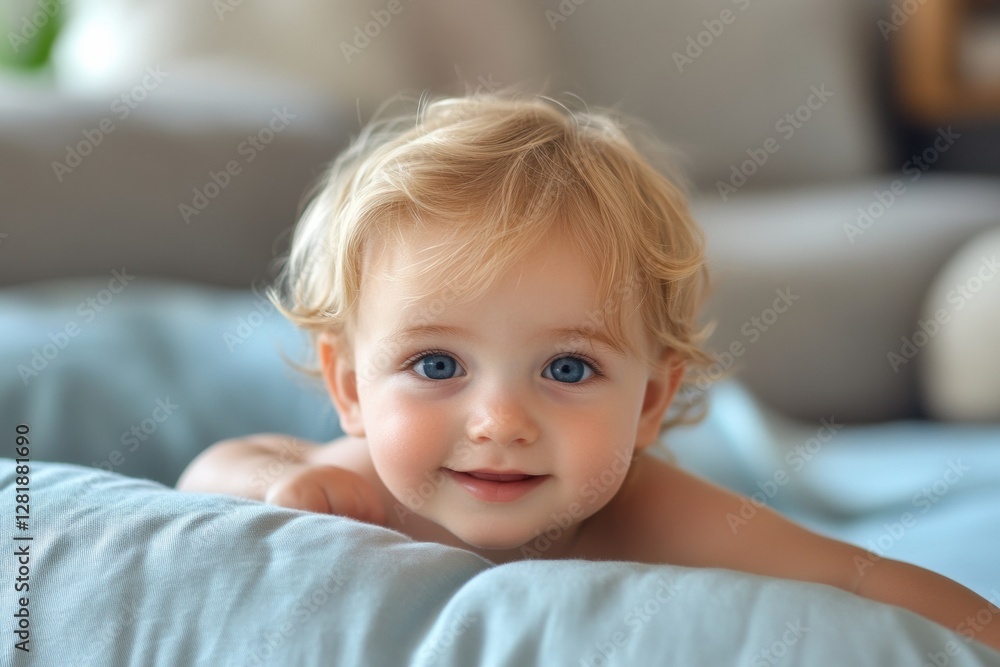 Aufkleber happy baby with blue eyes looking at camera while lying on a soft blanket during daytime in a cozy h