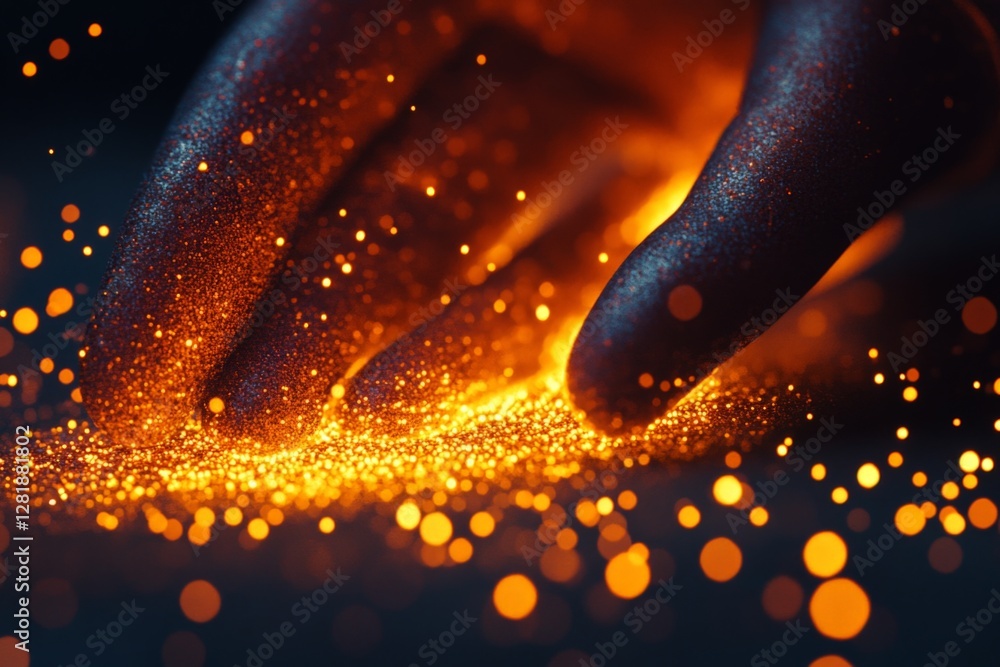 Poster hands creating magic with glowing particles in a dark setting at night