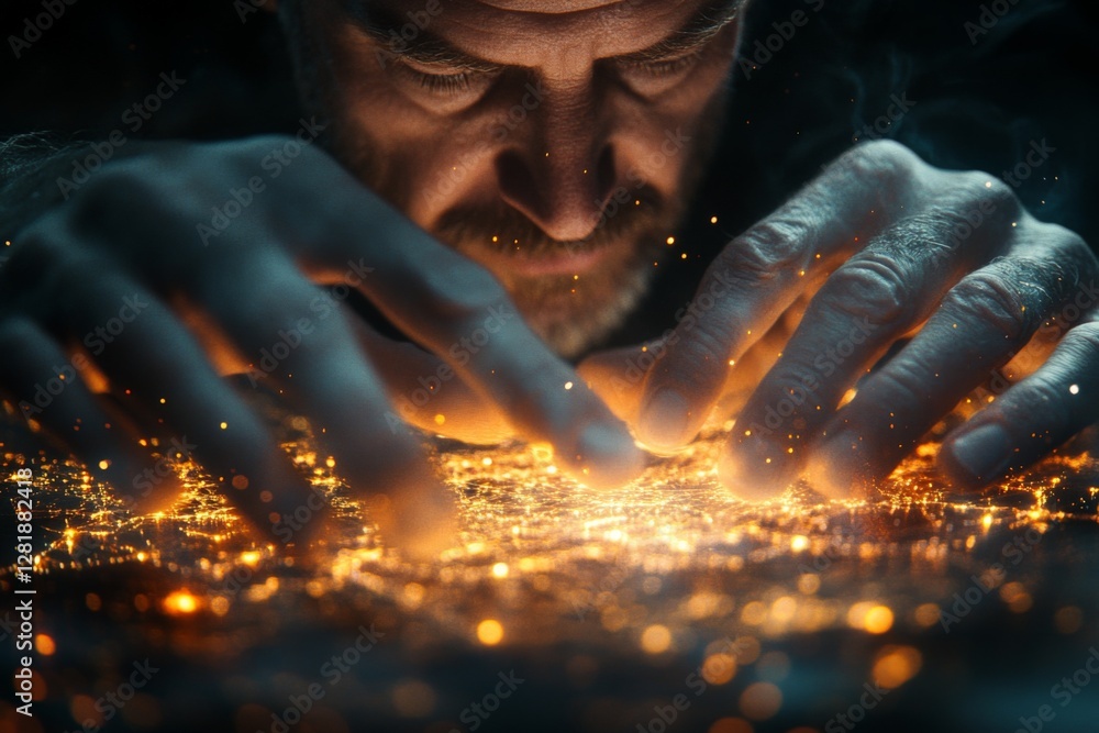 Poster man engaging with glowing data visualization while concentrating intently in a darkened environment