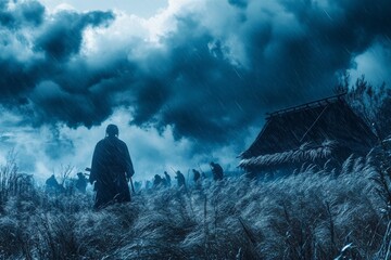 Warriors navigating through stormy grasslands amidst a dark, overcast sky in an ancient setting