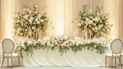 Fototapeta premium Exquisite bridal table centerpiece with lush blooms and candlelight