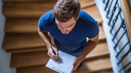 Man inspecting home, stairs, clipboard, paperwork, appraisal