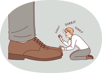 Unhappy business man asks sorry to boss, kneeling near feet of big director of corporation. Guy is humiliated and says sorry to ceo of company, out of fear of bankruptcy and unemployment.
