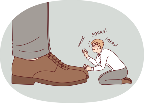 Unhappy business man asks sorry to boss, kneeling near feet of big director of corporation. Guy is humiliated and says sorry to ceo of company, out of fear of bankruptcy and unemployment.