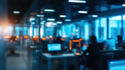 Blurred view of a modern office at night with glowing screens.