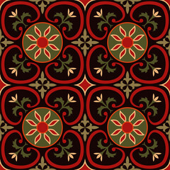 Seamless Vintage Ornamental Tile Pattern, Decorative Floral and Geometric Design in Red, Green, and Black, Elegant Traditional Art for Wallpaper, Textiles, and Interior Decoration