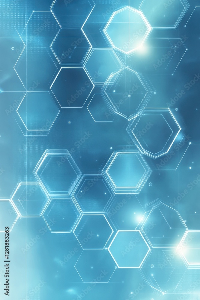 Poster abstract hexagon pattern on teal background with glowing light effects for modern technology and sci