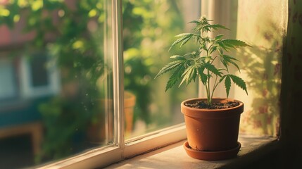Cannabis plant in terracotta pot on sunny windowsill.