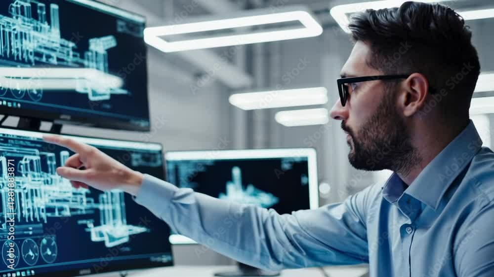 Poster Industrial engineer analyzing holographic blueprints on multiple computer screens in a modern technological facility, performing a complex task in slow motion