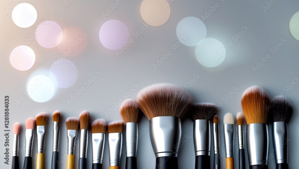 Poster makeup brushes arranged neatly on a surface with soft bokeh background lighting creating a vibrant a