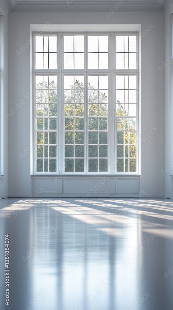 Poster vast space with pristine white walls and large windows bathing the room in soft sunlight. a perfect 