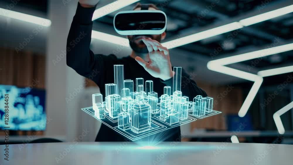 Poster Architect wearing vr headset interacts with a hologram of a smart city, exploring and manipulating the 3d model in a slow motion sequence
