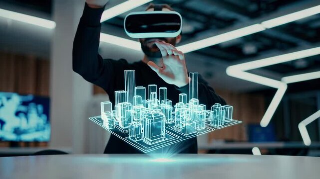 Architect wearing vr headset interacts with a hologram of a smart city, exploring and manipulating the 3d model in a slow motion sequence