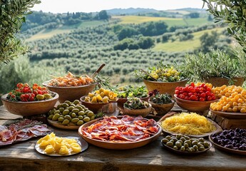 Fototapeta premium A rustic table set with an array of Italian delicacies, including antipasti, charcuterie, and olives, overlooking the rolling hills of Tuscany in Italy.