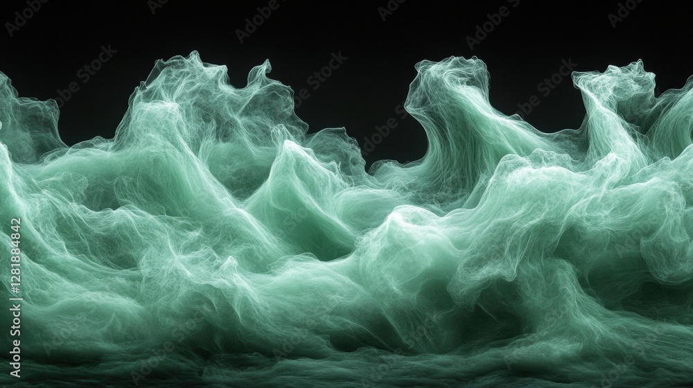 Poster ethereal green waves abstract background with dark backdrop capturing movement and light in a minima