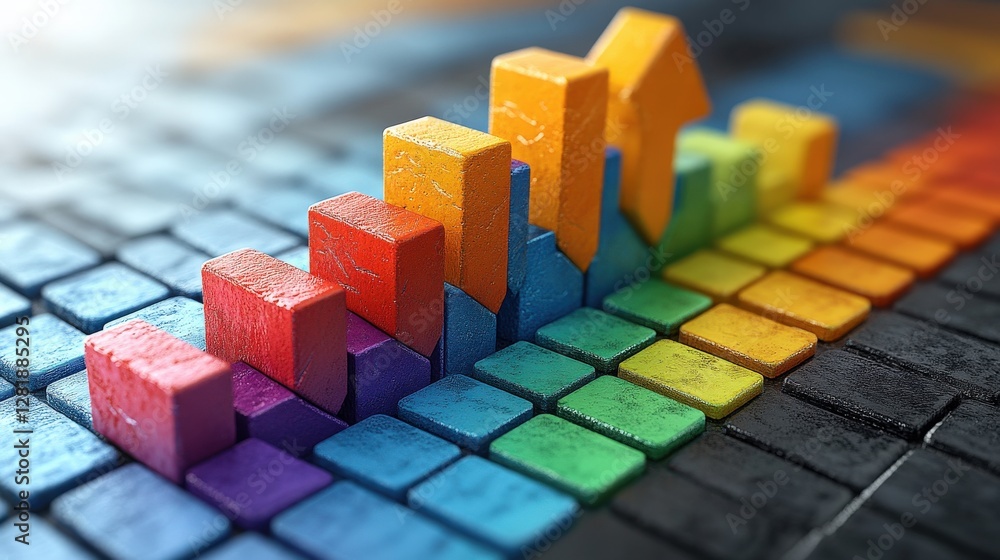 Poster colorful wooden blocks arranged in a rising graph pattern on a textured surface