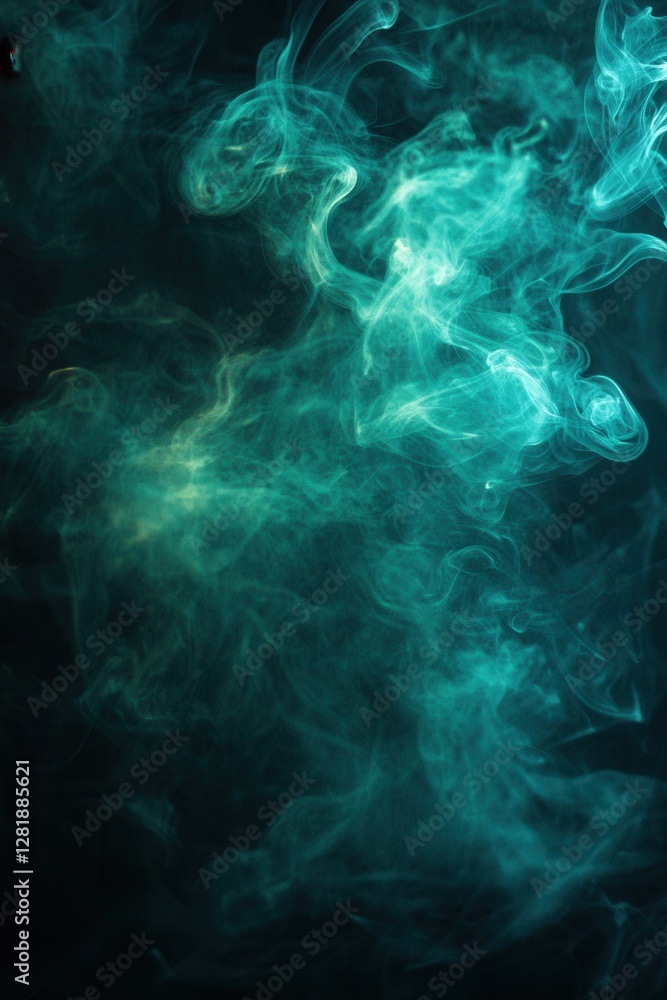 Poster ethereal teal smoke swirls gracefully against a dark background creating a mesmerizing and abstract 