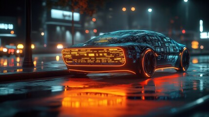 Futuristic car, city night, rain, glowing, advertisement