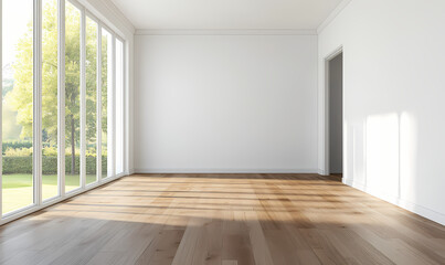 Obraz premium Empty modern living room interior with a white wall and wooden floor, a large window with a glass door overlooking a garden landscape
