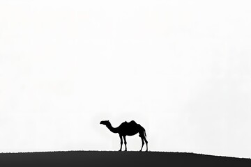 Silhouette of a Camel Walking Across a Desert Landscape Under a White Sky