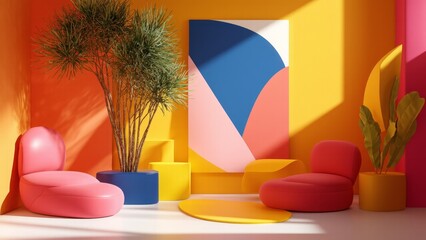 A colorful room with geometric shapes, two chairs, and plants in pots, creating a playful atmosphere.