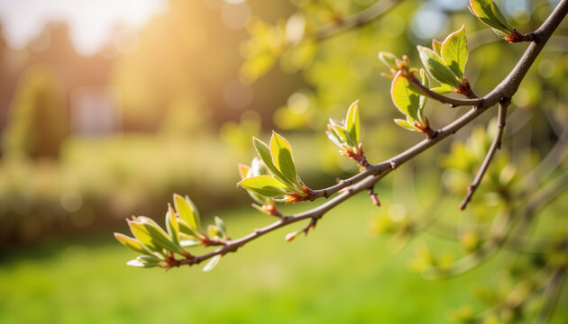 Vibrant green leaves budding on branches in serene garden, spring renewal